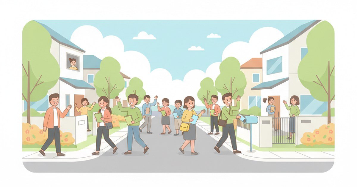 ポスティング配布員として笑顔で働く人々のイラスト