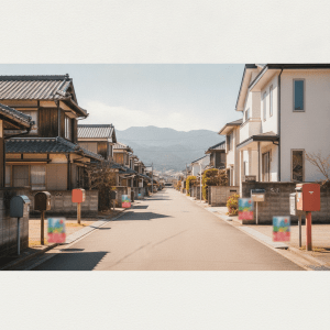 高崎市の住宅街に立つ郵便受けと遠くの山並み。地域密着型ポスティングのイメージ。