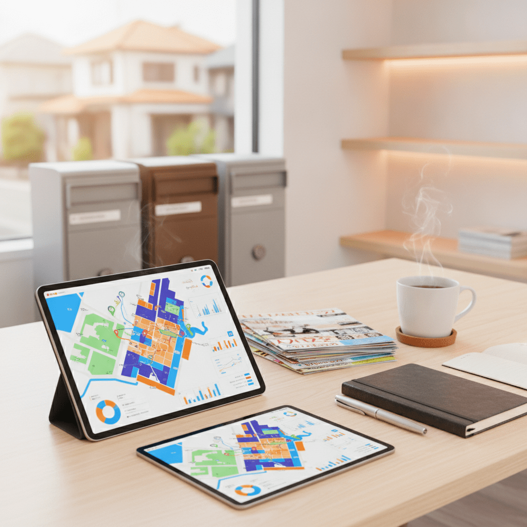 マーケティングデスクでGIS地図とグラフを表示したタブレット。戦略的な分析の様子。