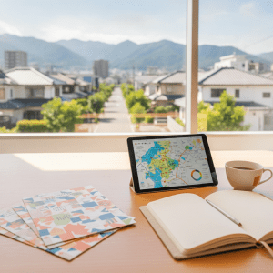 商圏分析のデータと高崎の街並みを背景にしたマーケティングデスク