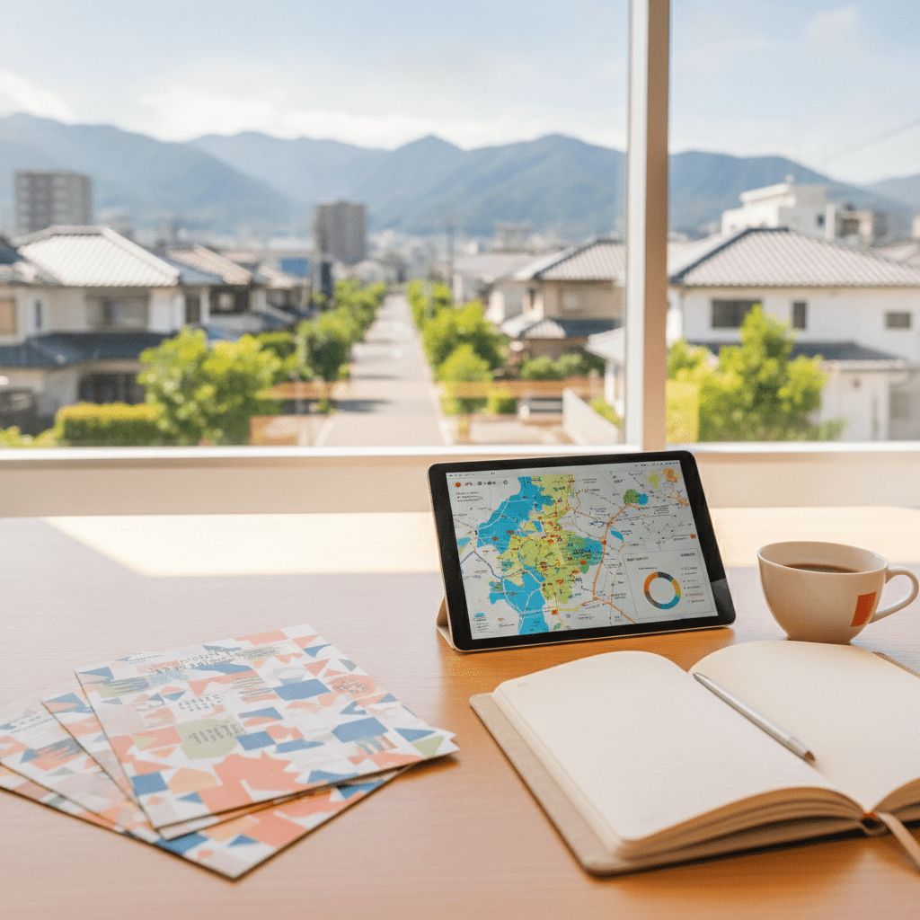商圏分析のデータと高崎の街並みを背景にしたマーケティングデスク