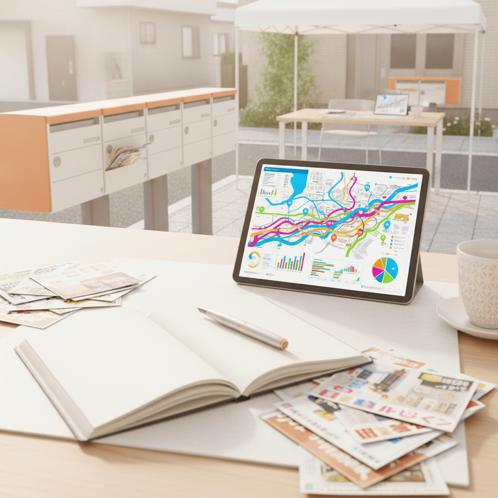 ポスティングの計画を立てるデスクに置かれたタブレットと資料