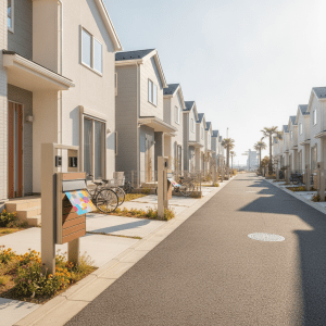 葛西のモダンな住宅街とポスト、効果的なチラシ配布のイメージ