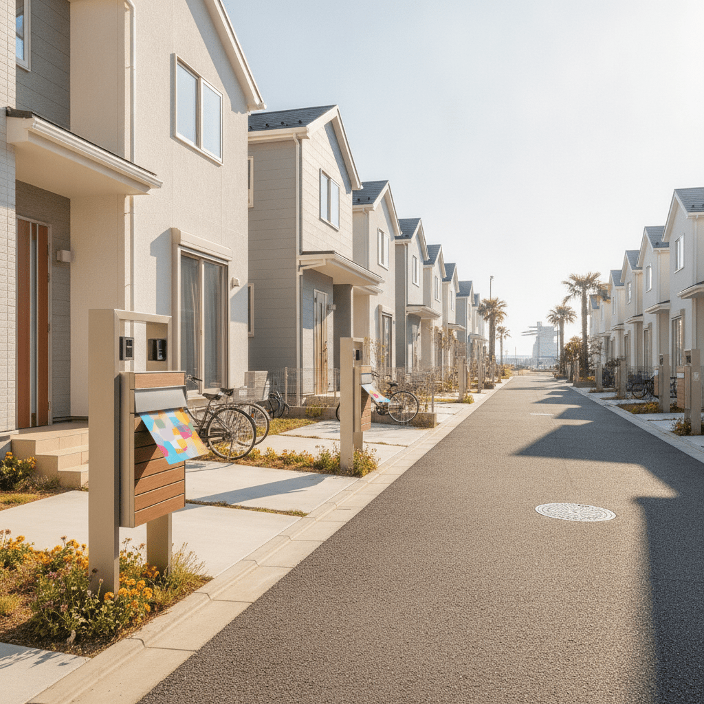 葛西のモダンな住宅街とポスト、効果的なチラシ配布のイメージ