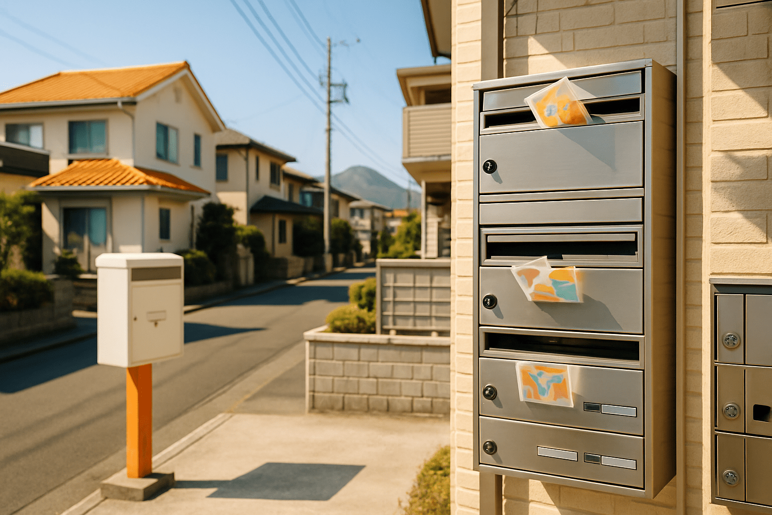 晴れた高崎市の住宅街。複数の郵便受けと遠くの山々が見える。