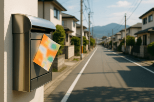 高崎市の住宅街のポストと、遠景に山。地域密着の求人ポスティング。