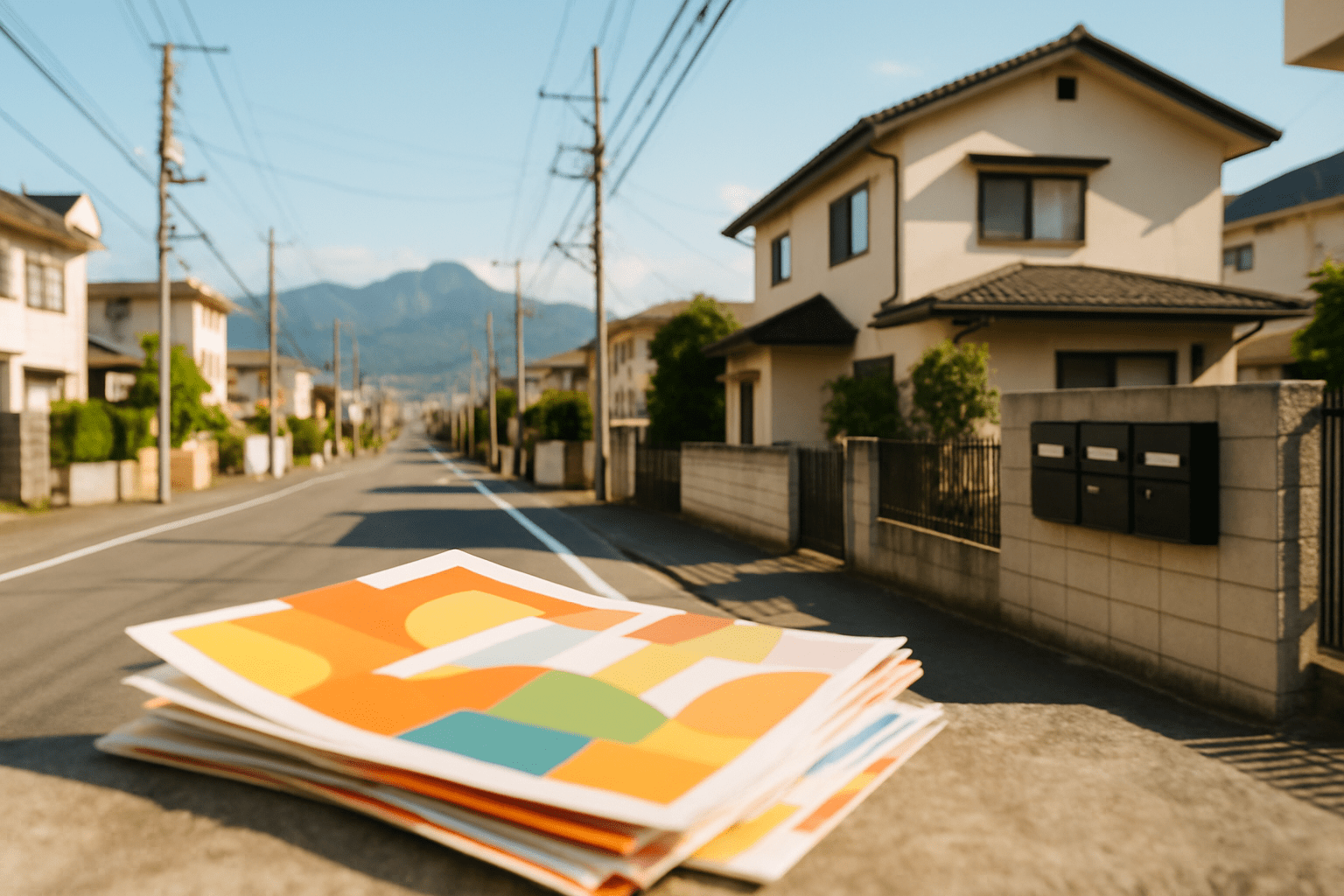高崎の街並みを背景に、配布を待つカラフルなチラシの束が写る横長の画像