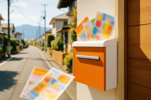 高崎市の住宅街で、郵便受けに抽象的なチラシが投函されている明るい風景。遠くに山が見える。