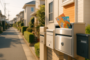 年末商戦に向けたポスティング計画を象徴する、明るい日本の住宅街の郵便受け。
