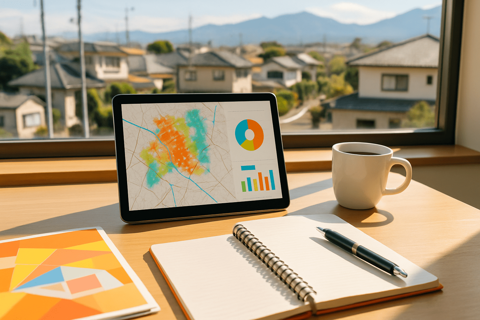 高崎の街並みを背景に、GISマップが表示されたタブレットがあるデスク。