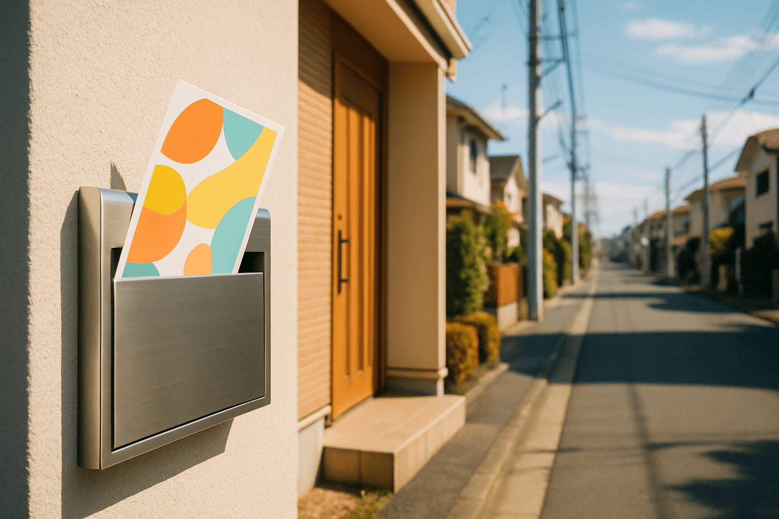 行徳の明るい住宅街にある郵便ポストとチラシ
