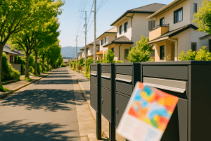 明るい高崎の住宅街のポストにチラシとフリーペーパーが届き、遠景に山々が見える風景。