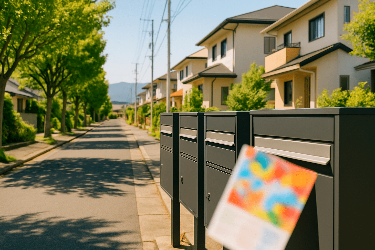 明るい高崎の住宅街のポストにチラシとフリーペーパーが届き、遠景に山々が見える風景。