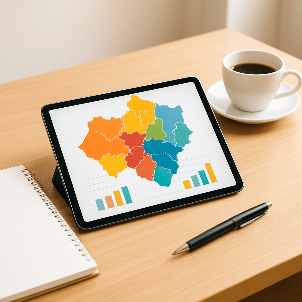 デスクに置かれたタブレットに抽象的な地図とグラフが表示され、ポスティングのターゲット分析を表現。