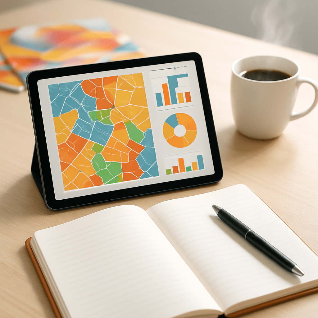 デスク上のタブレットに地図とグラフが表示され、商圏分析を計画する様子。