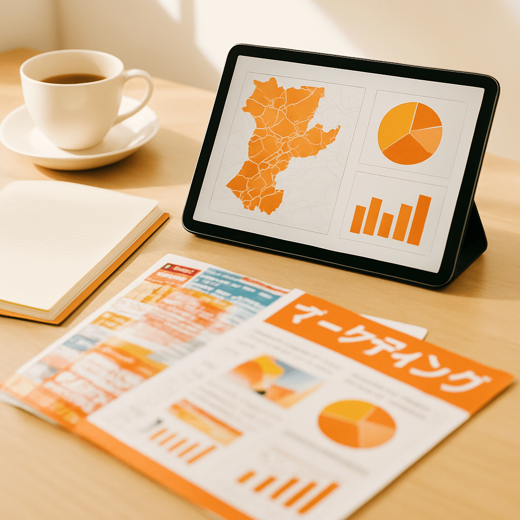 GISデータを示すタブレットとノートが置かれた整理されたデスクで、一括依頼による戦略的な計画を示す。