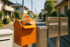 晴れた日の日本の住宅街の郵便受けとカラフルなチラシ。
