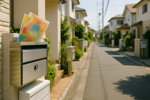 明るい住宅街のポストに投函されるチラシ。地域とつながるポスティング仕事。