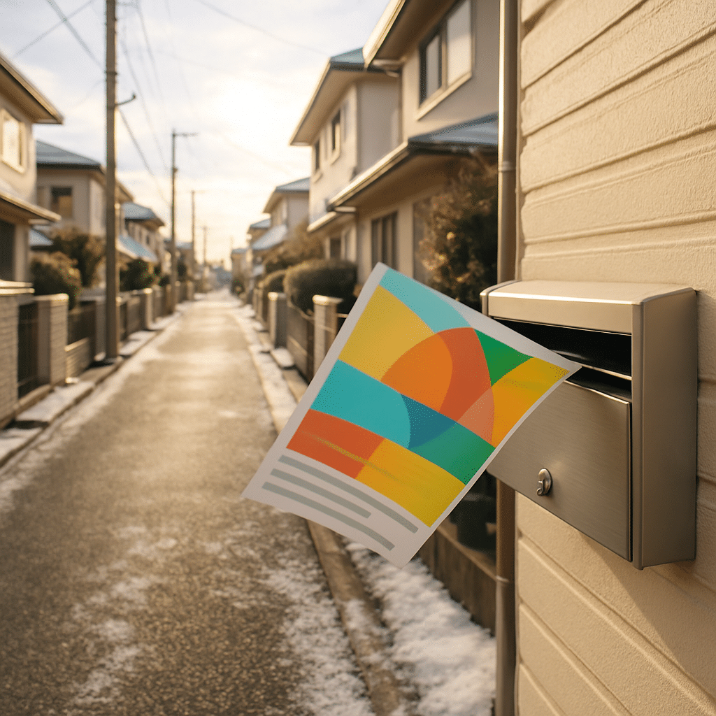 冬の穏やかな日本の住宅街の道と郵便受け。安全なポスティング作業と安心感を表現。