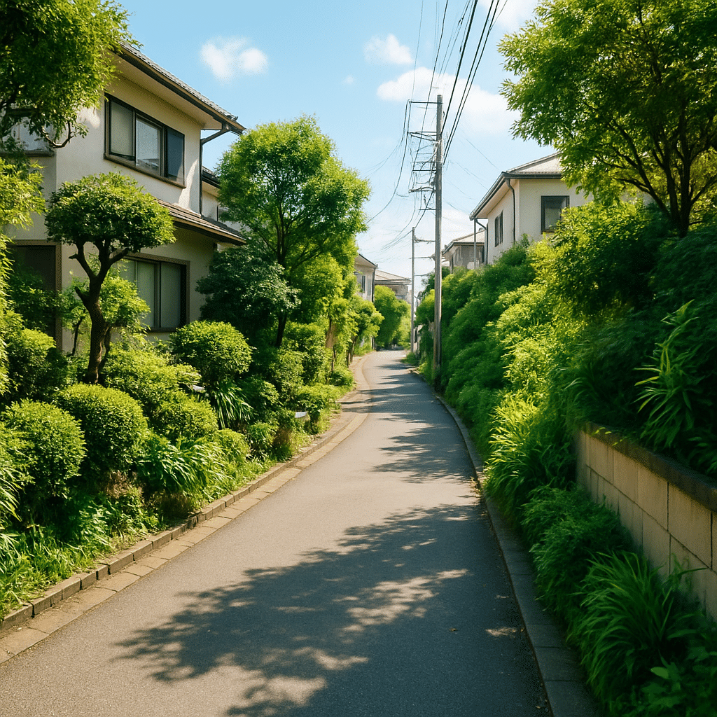 晴れた日の日本の住宅街を歩く健康的で穏やかな風景。