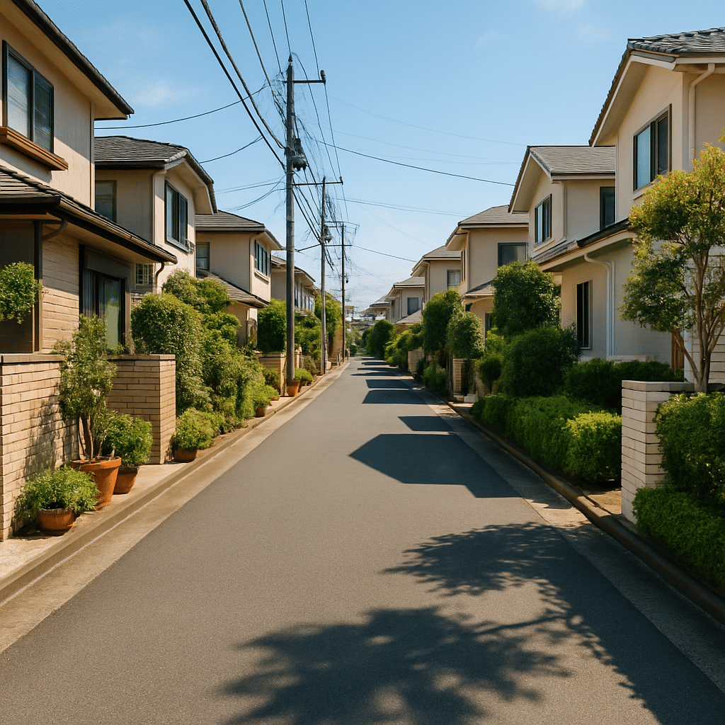 太陽の光が差し込む、日本の明るい郊外の住宅街の通り