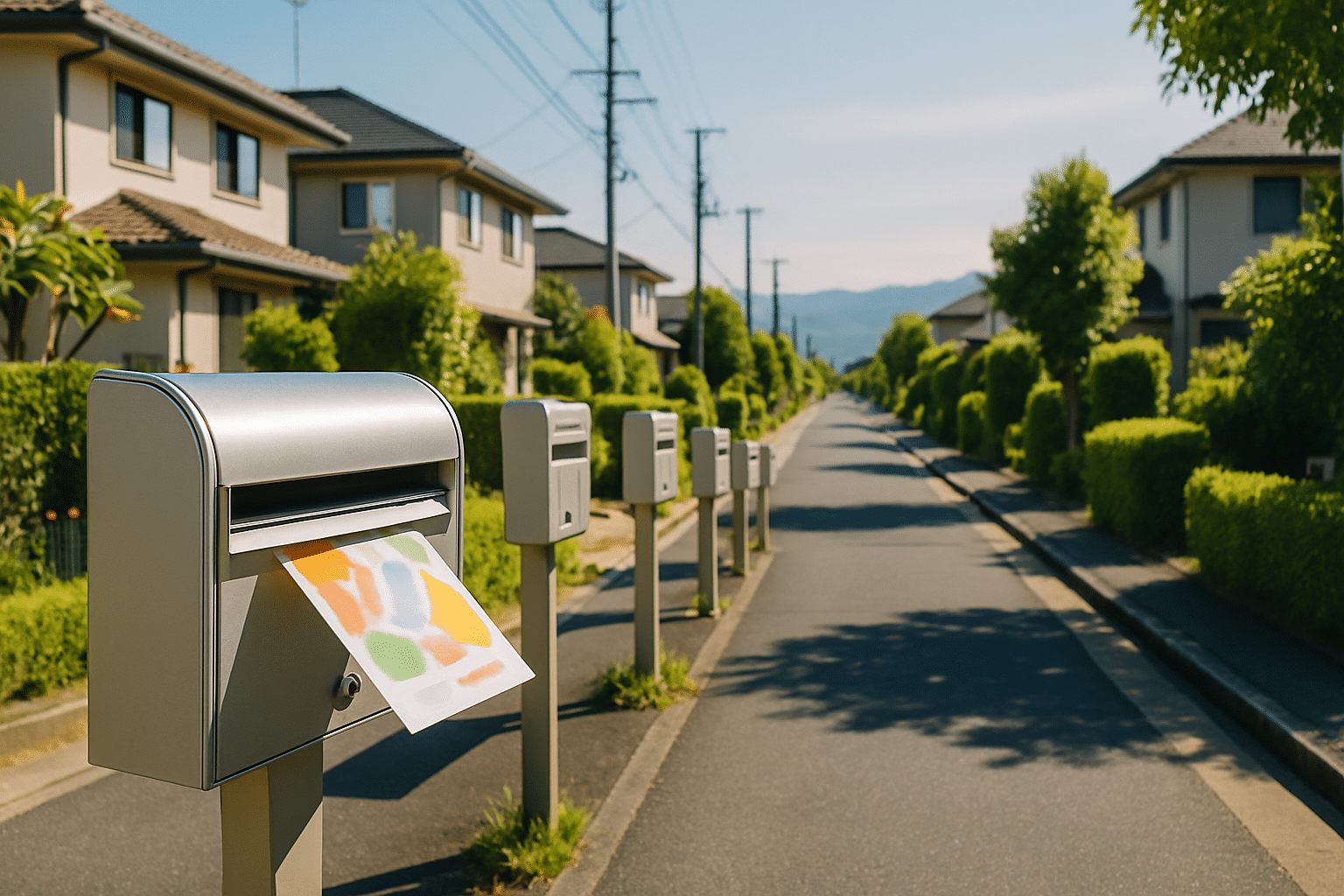 宮城県の晴れた住宅街のポストにチラシが投函されている様子。